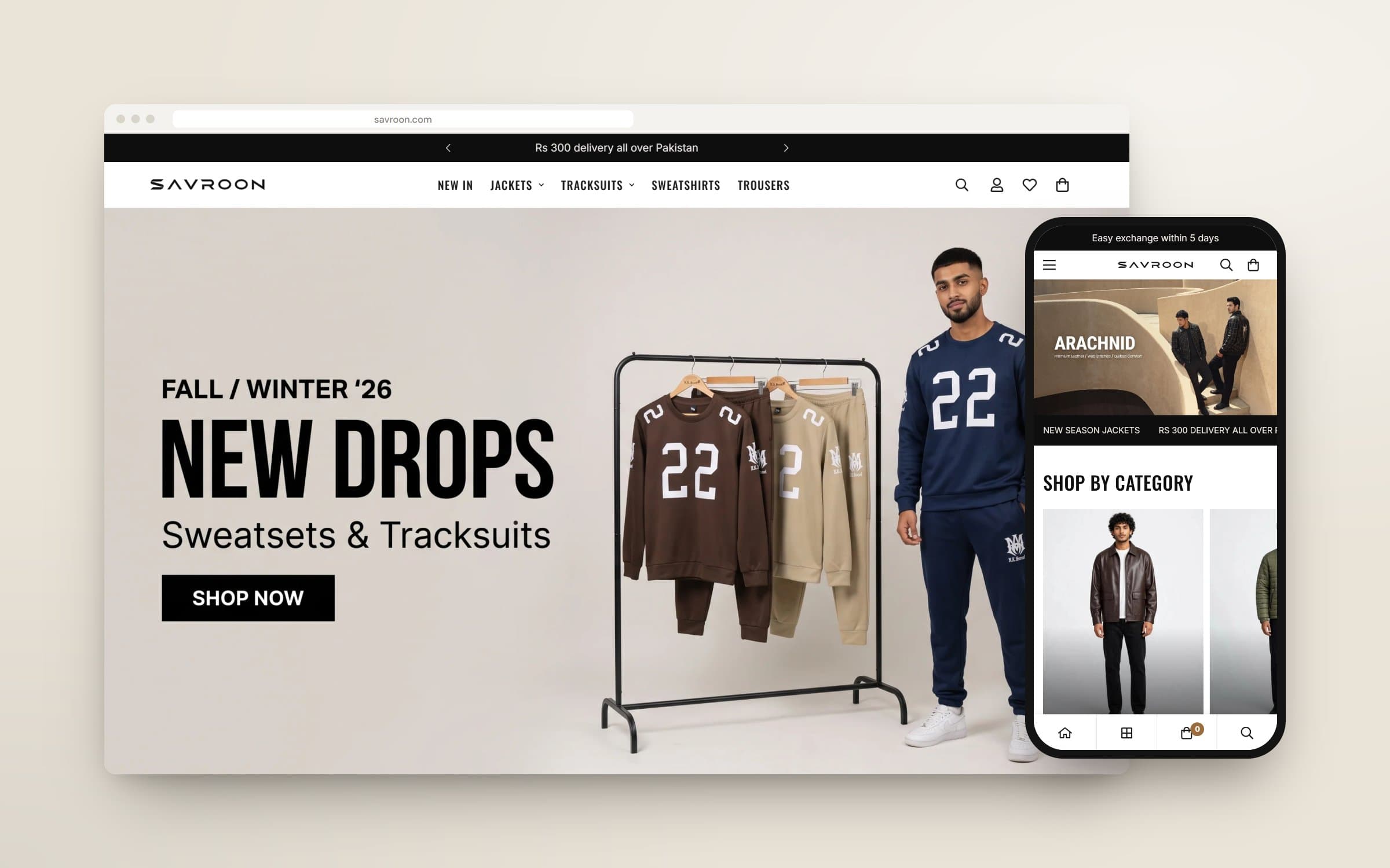 Savroon: Menswear ecommerce project shown on desktop and mobile